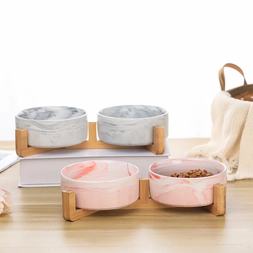 Double Marble Ceramic Bowls With Bamboo Stand - Bowls from . at DoggyTopia